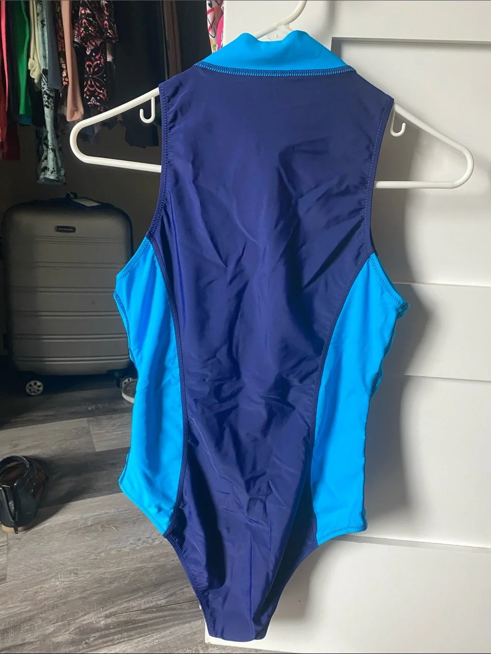 Womans Navy and Bright Blue Zipper Front One-Piece Swimsuit new with no tags